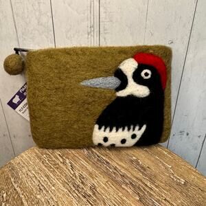 Felted Wool Green Wallet Pouch Woodpecker Bird Lover Makeup Bag New FAST SHIP